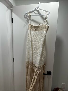 Zimmermann Ivory Maxi Slip Dress with Beige Fringe